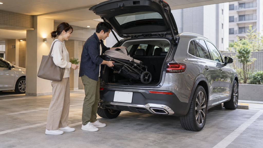 SUVの荷室にベビーカーを積む夫婦