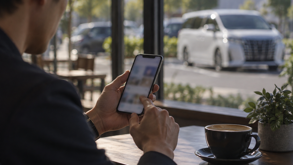 カフェでスマートフォンを見る男性