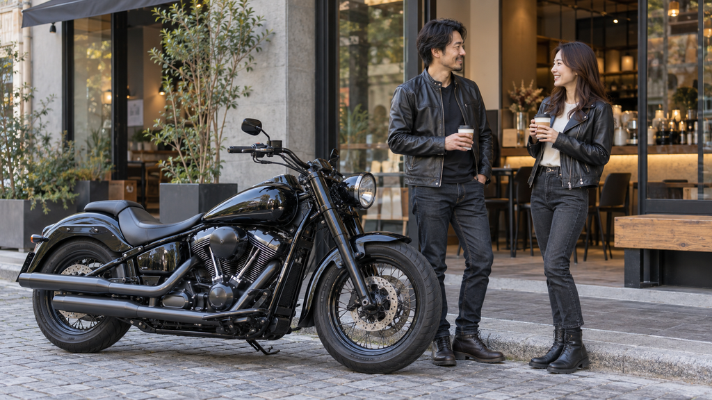 カフェの前でクルーザーバイクと話すライダー