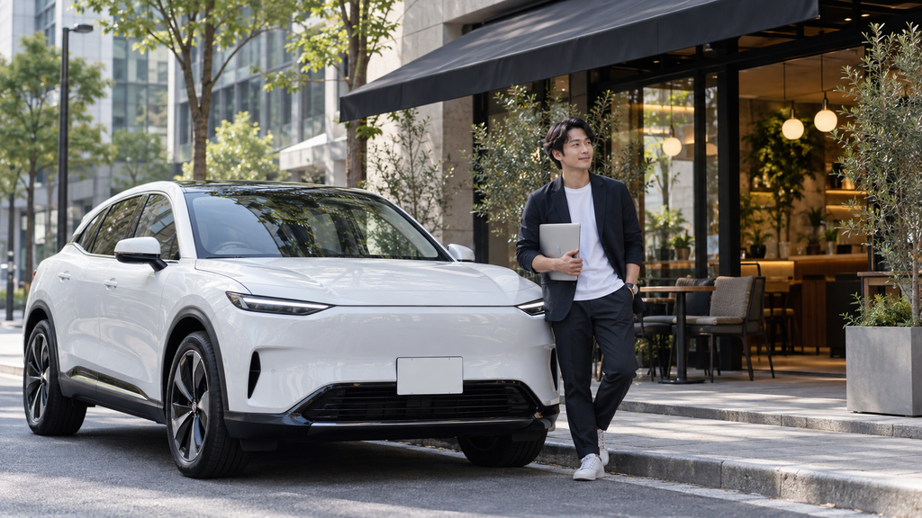 カフェの前で白い電気自動車の横に立つ男性