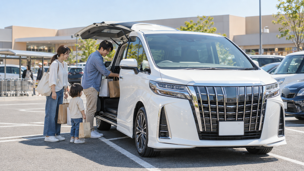 ショッピングモールで大型ミニバンに荷物を積む家族