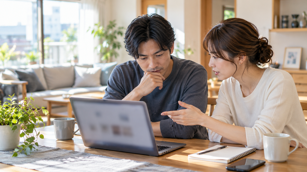 ノートパソコンを見ながら話し合う夫婦