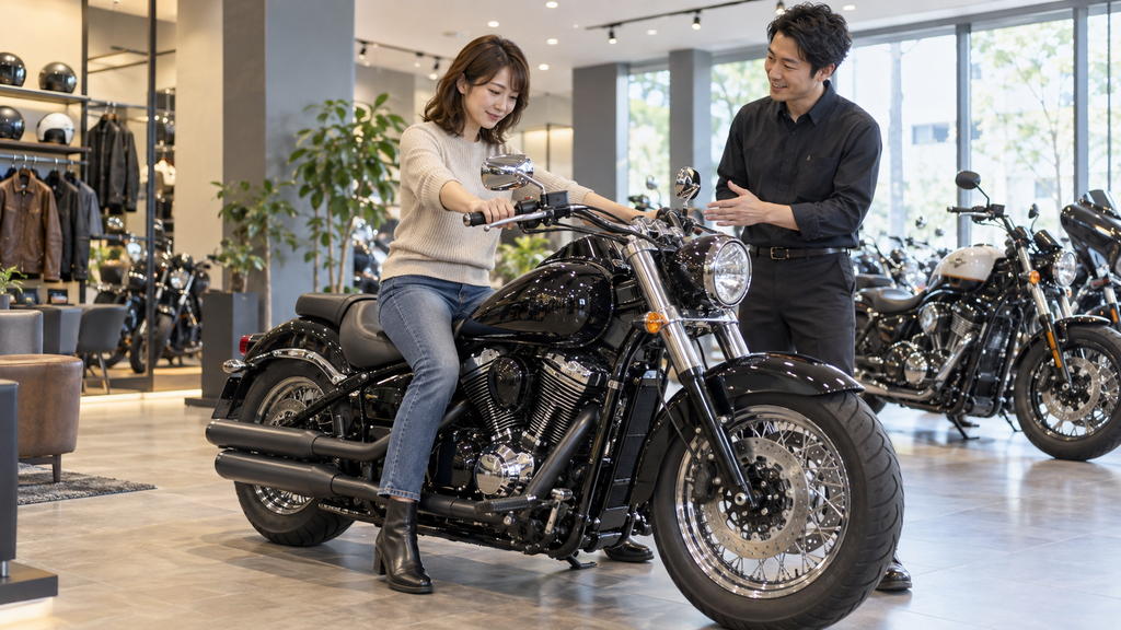 バイクショップでクルーザーに跨る女性