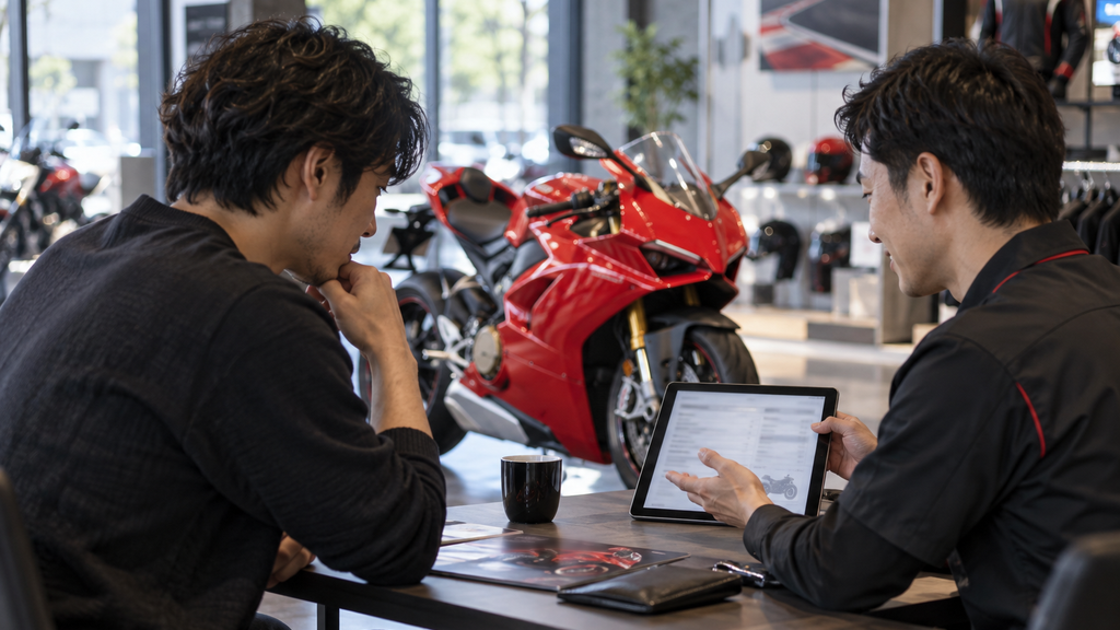 バイクショップで整備費用の説明を受ける男性