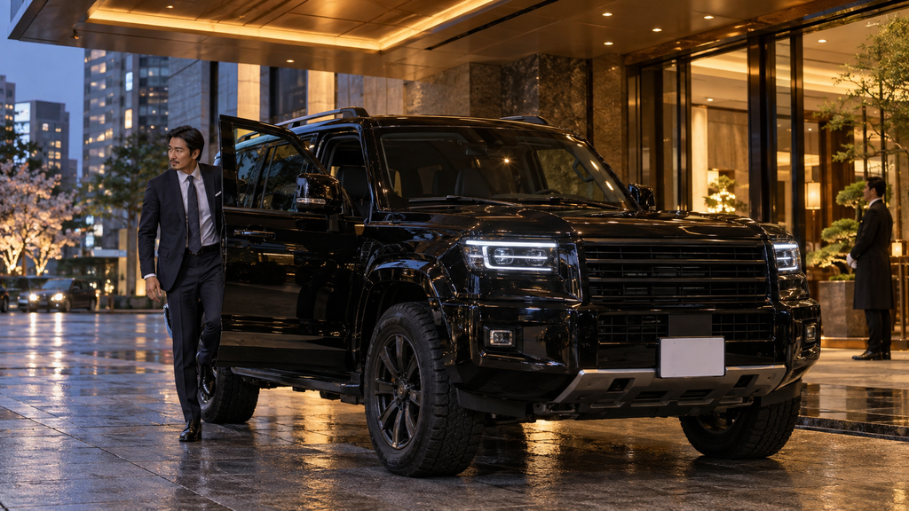 ホテル前に停まる大型クロカンSUV