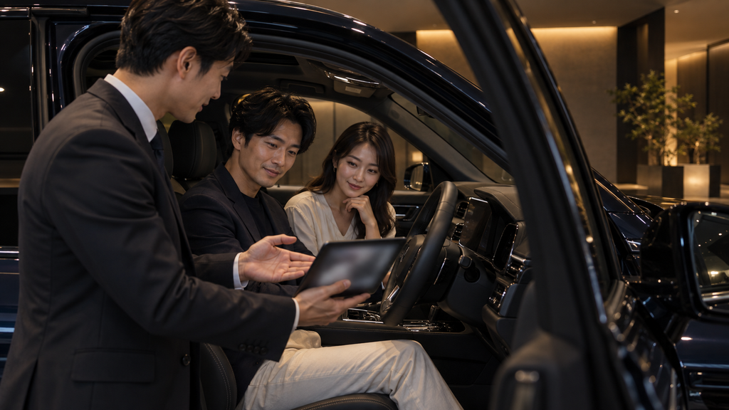 レクサスの納車式で車両説明を受ける夫婦