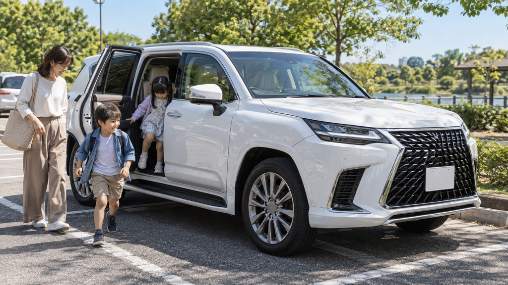 公園の駐車場で3列シートSUVから降りる子どもたち