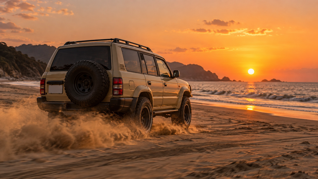 夕日の砂地を走る大型クロカンSUV
