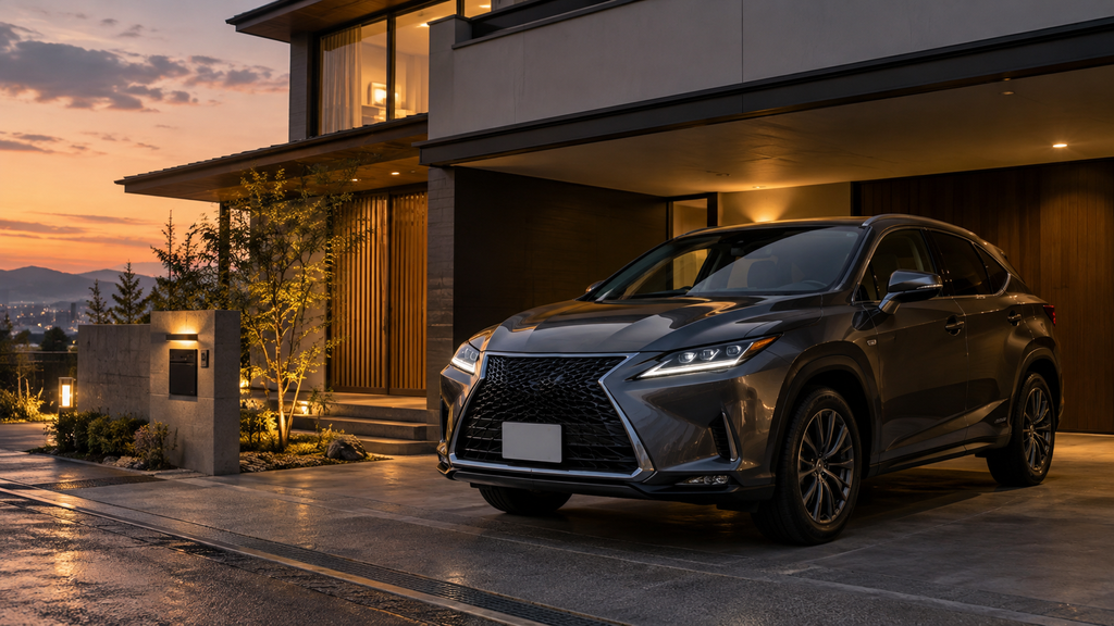 夕暮れのガレージに停まる中型高級SUV