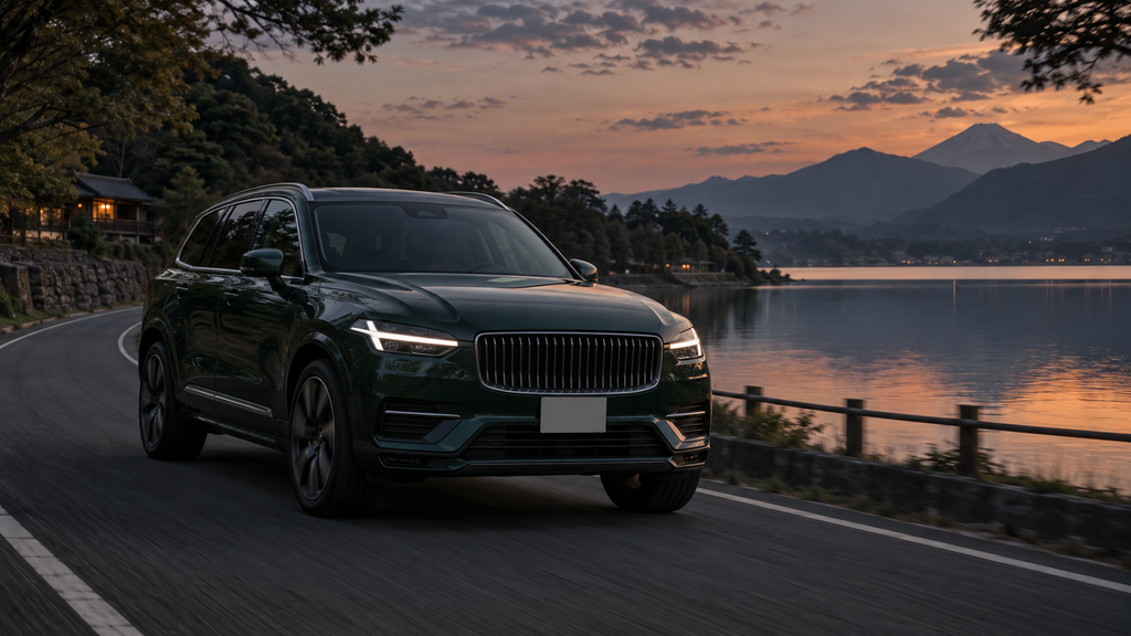 夕暮れの湖畔を走るダークグリーンの北欧SUV