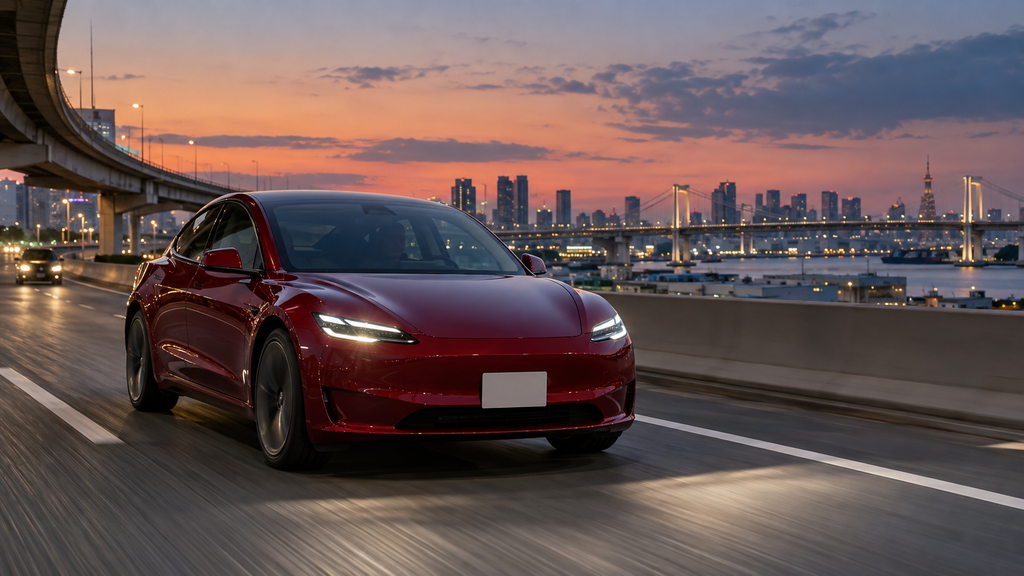 夕暮れの湾岸道路を走る赤い電気自動車