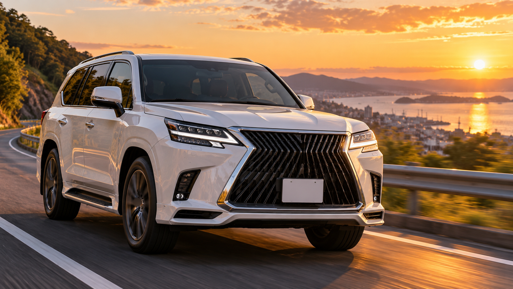 夕暮れの道を走る白い高級SUV