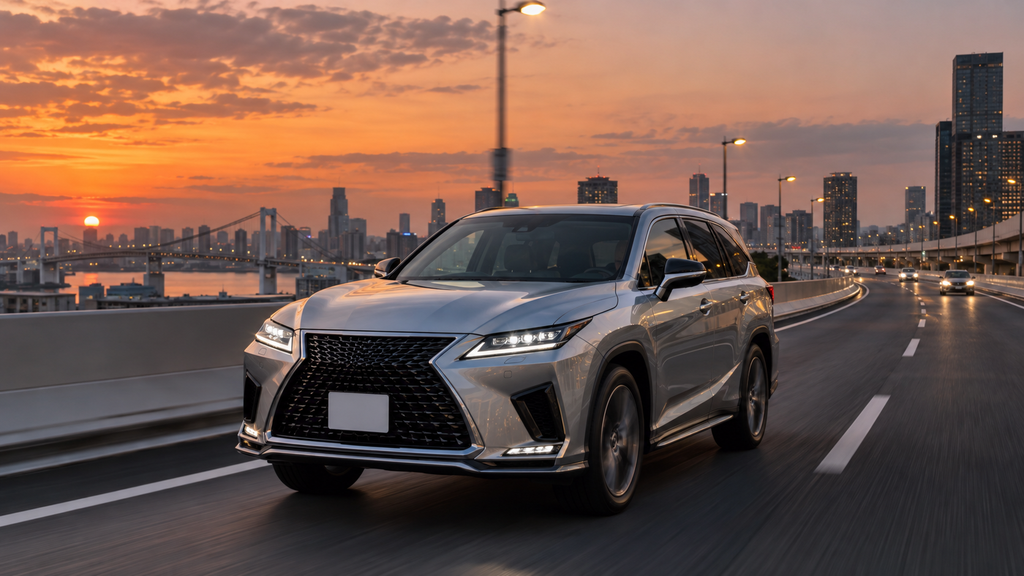 夕暮れの高速道路を走るシルバーの高級SUV