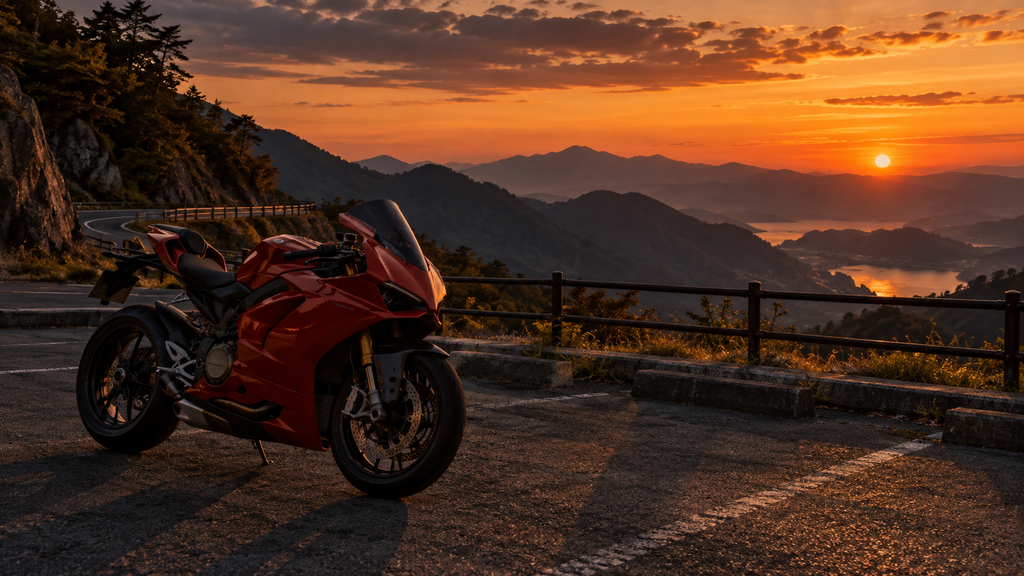 夕焼けの峠に停まるスポーツバイク