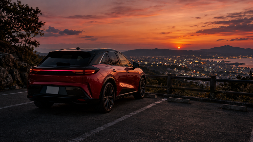 夕焼けの高台に停まるスポーツSUV
