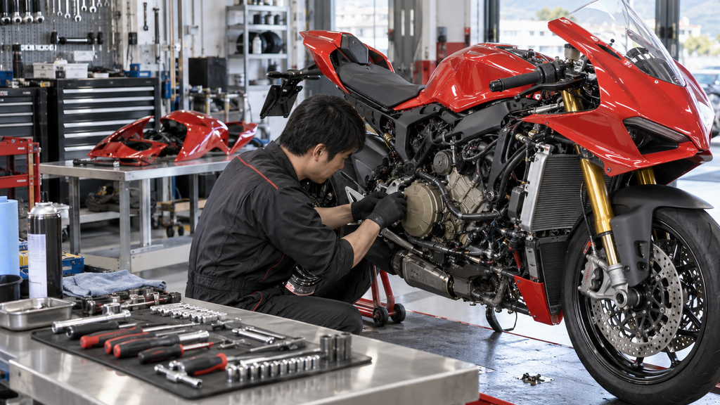 整備工場でスポーツバイクを点検するメカニック