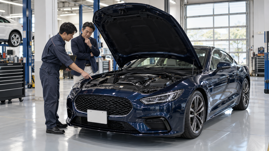整備工場で高級クーペを点検するメカニック