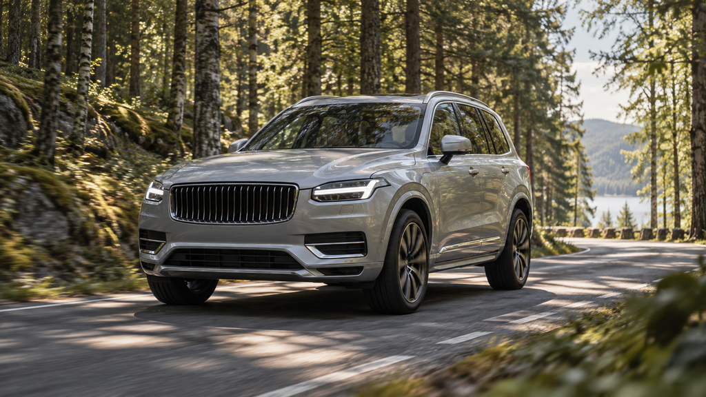 森の中の道を走るシルバーの北欧SUV