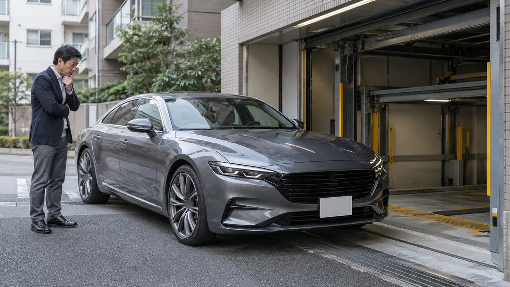 機械式駐車場の前で車幅を確かめる男性
