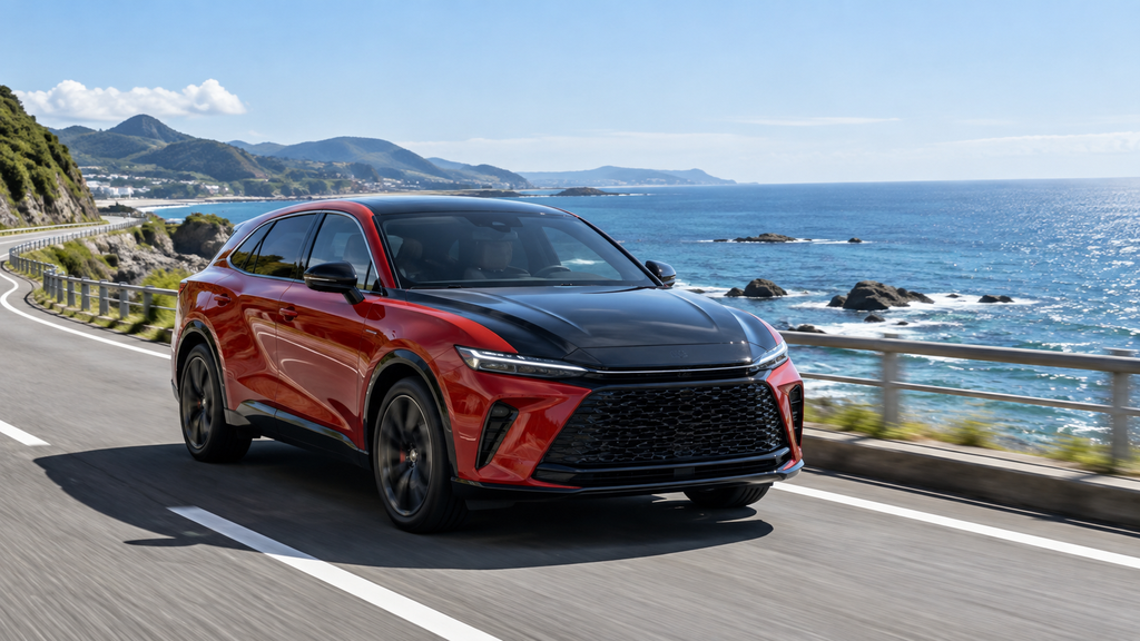 海沿いを走るツートーンのスポーツSUV