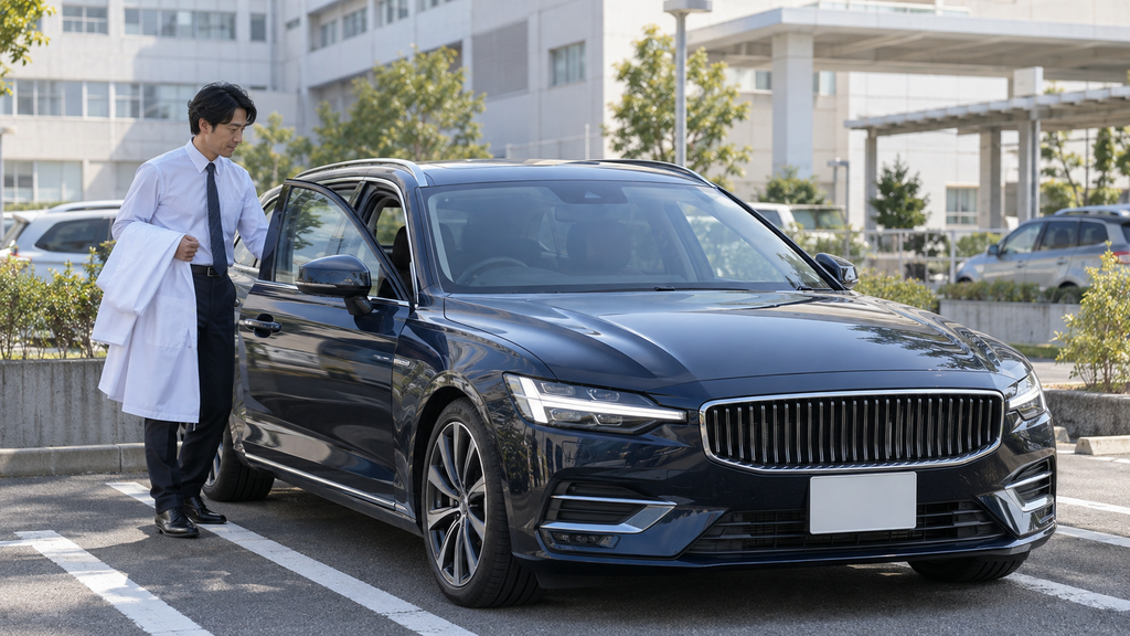 病院の駐車場でワゴンに乗り込む医師