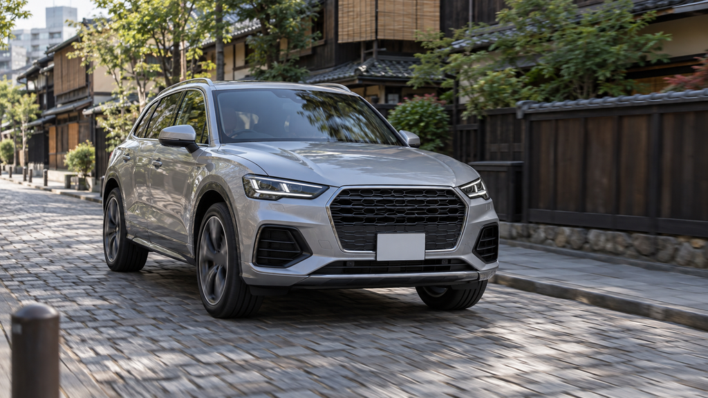 石畳の街を走るシルバーのコンパクトSUV
