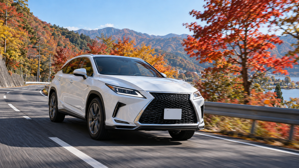 紅葉の山道を走る中型高級SUV