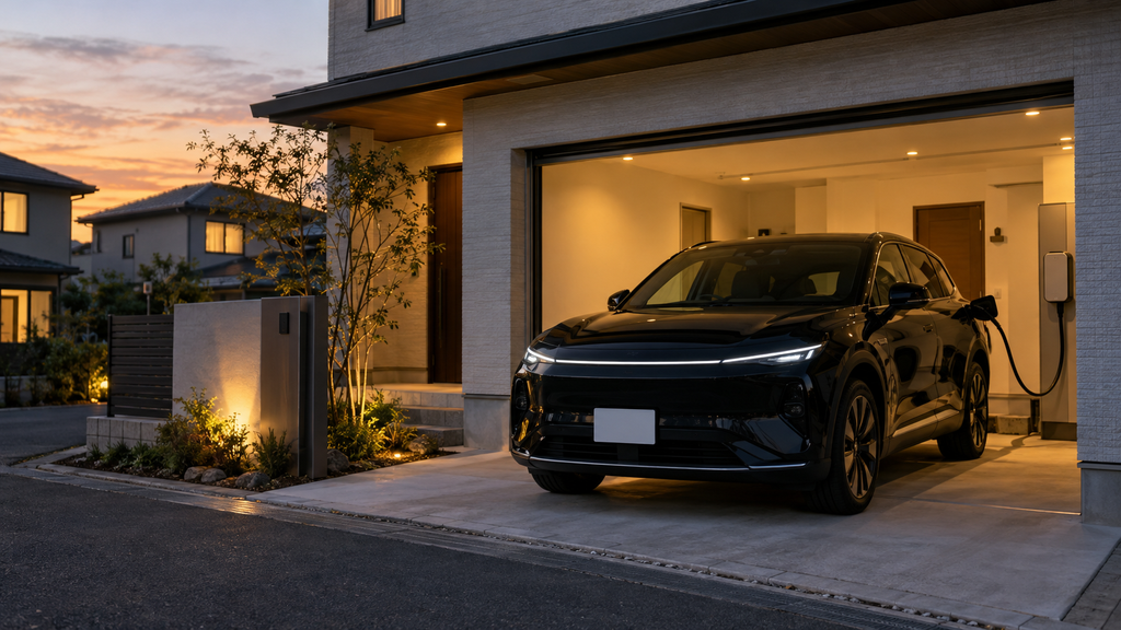 自宅ガレージで充電中の黒い電気SUV