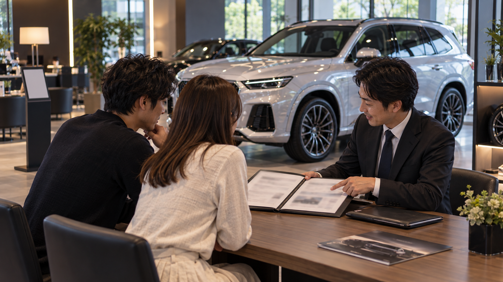認定中古車コーナーで説明を受ける夫婦