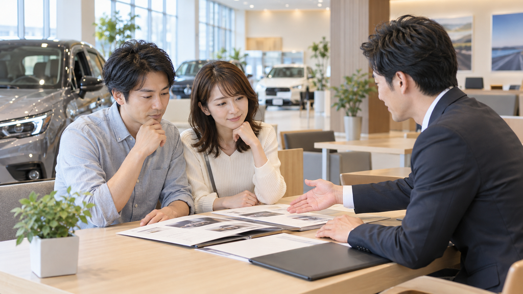 販売店で説明を聞く夫婦